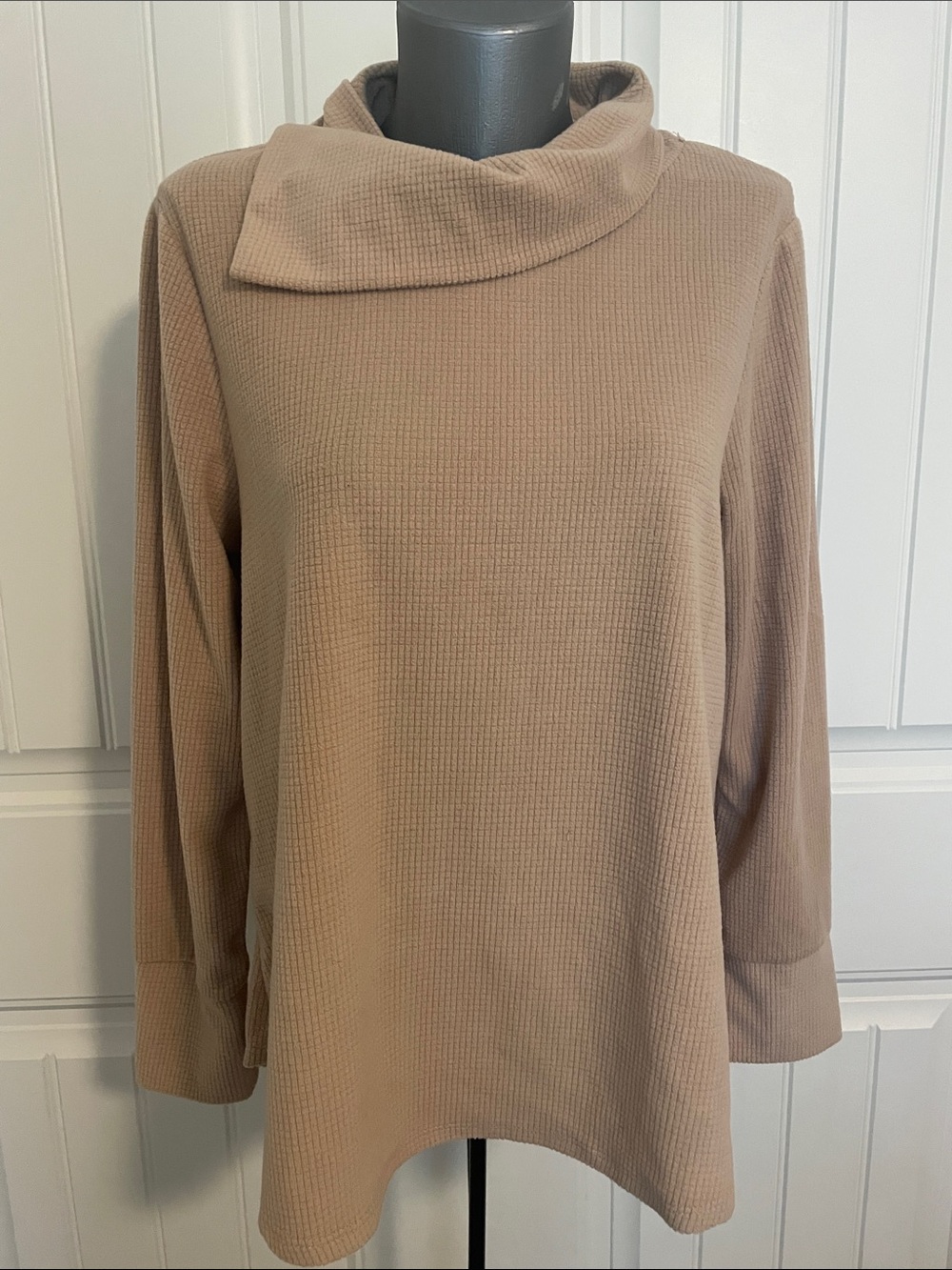 Cupio Taupe Waffle Knit Funnel Neck Top